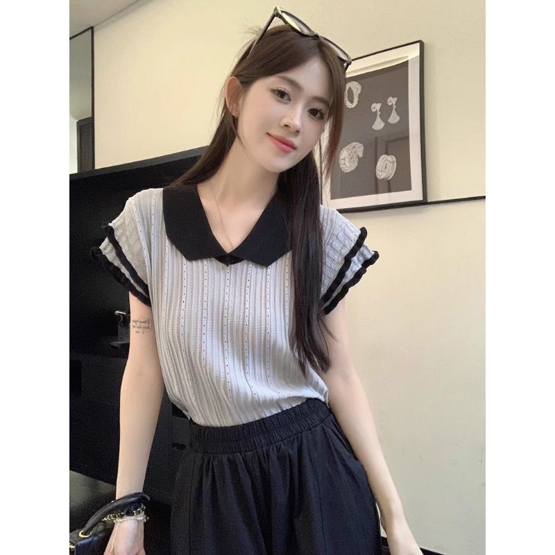 Màu sắc tương phản Peter Pan Collar Ice Silk Áo tay ngắn, Áo thun dệt kim crop Top nữ thời trang mùa