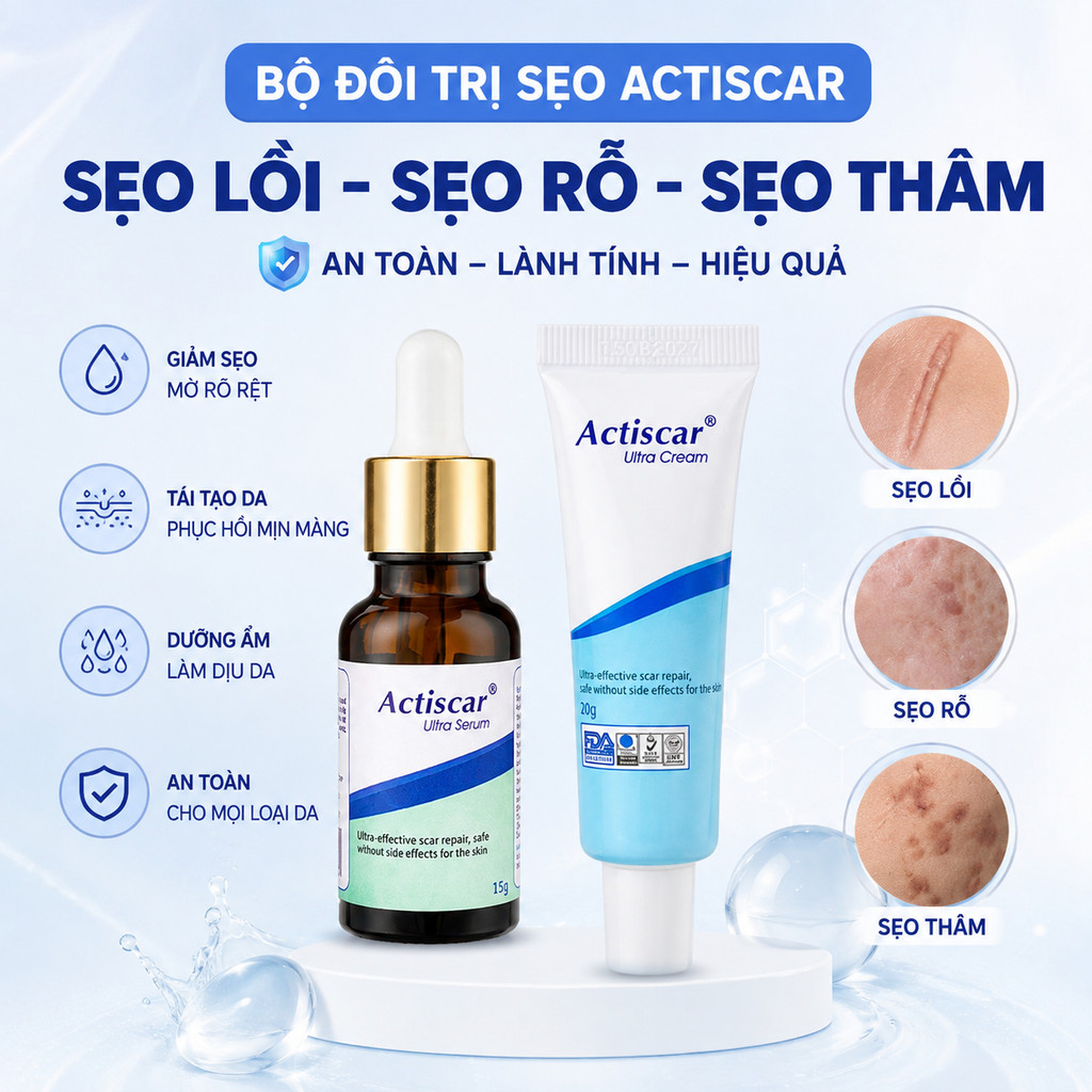 Actiscar Serum 15ml / Kem Dưỡng 20g Hỗ Trợ Mờ Sẹo Thâm, Sẹo Rỗ, Sẹo Lồi Lõm