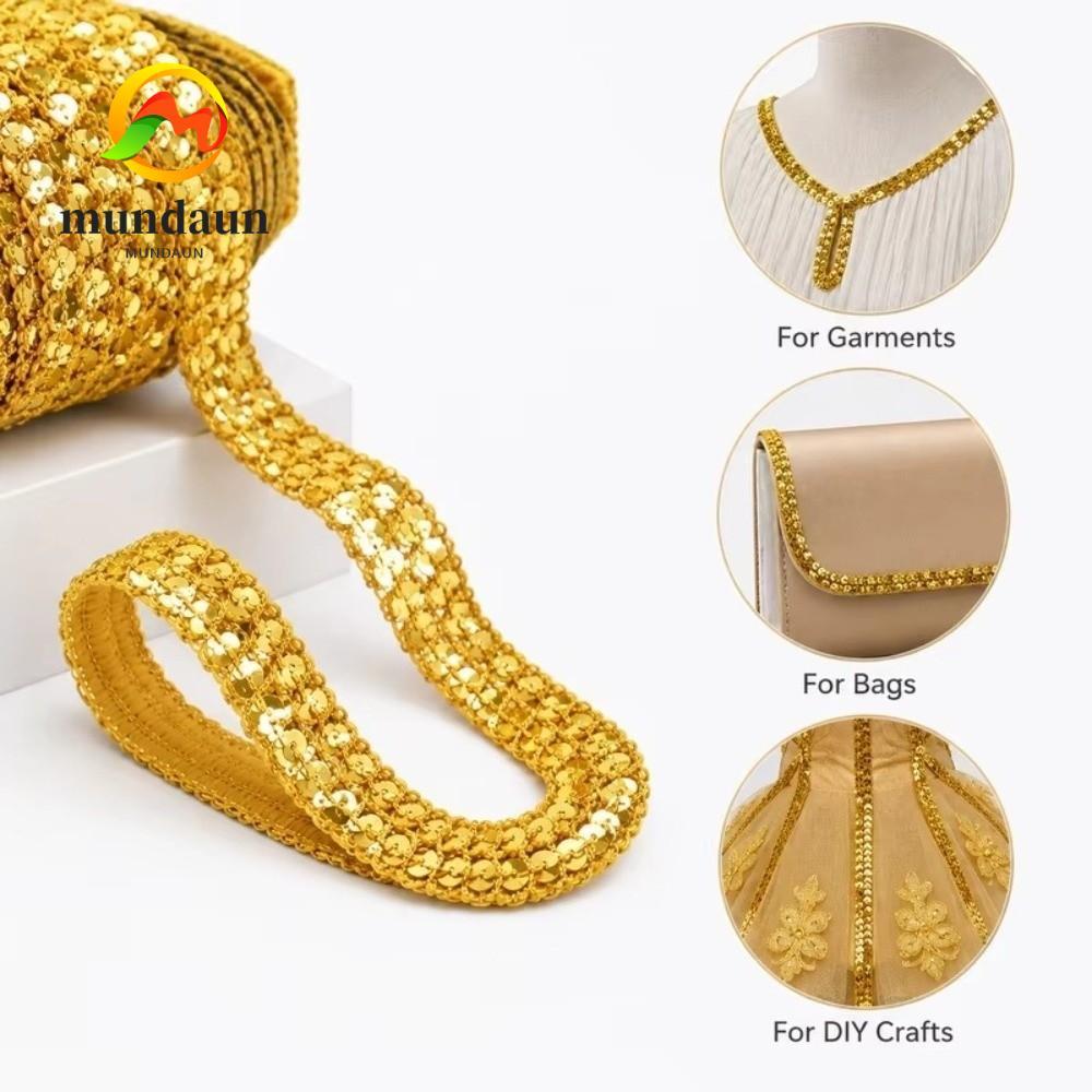 MUNDAUN Sequin Trim Ribbon, Băng ren sequin rộng 1,5cm kim loại, Chiều dài sáng bóng 10 mét kết cấu 