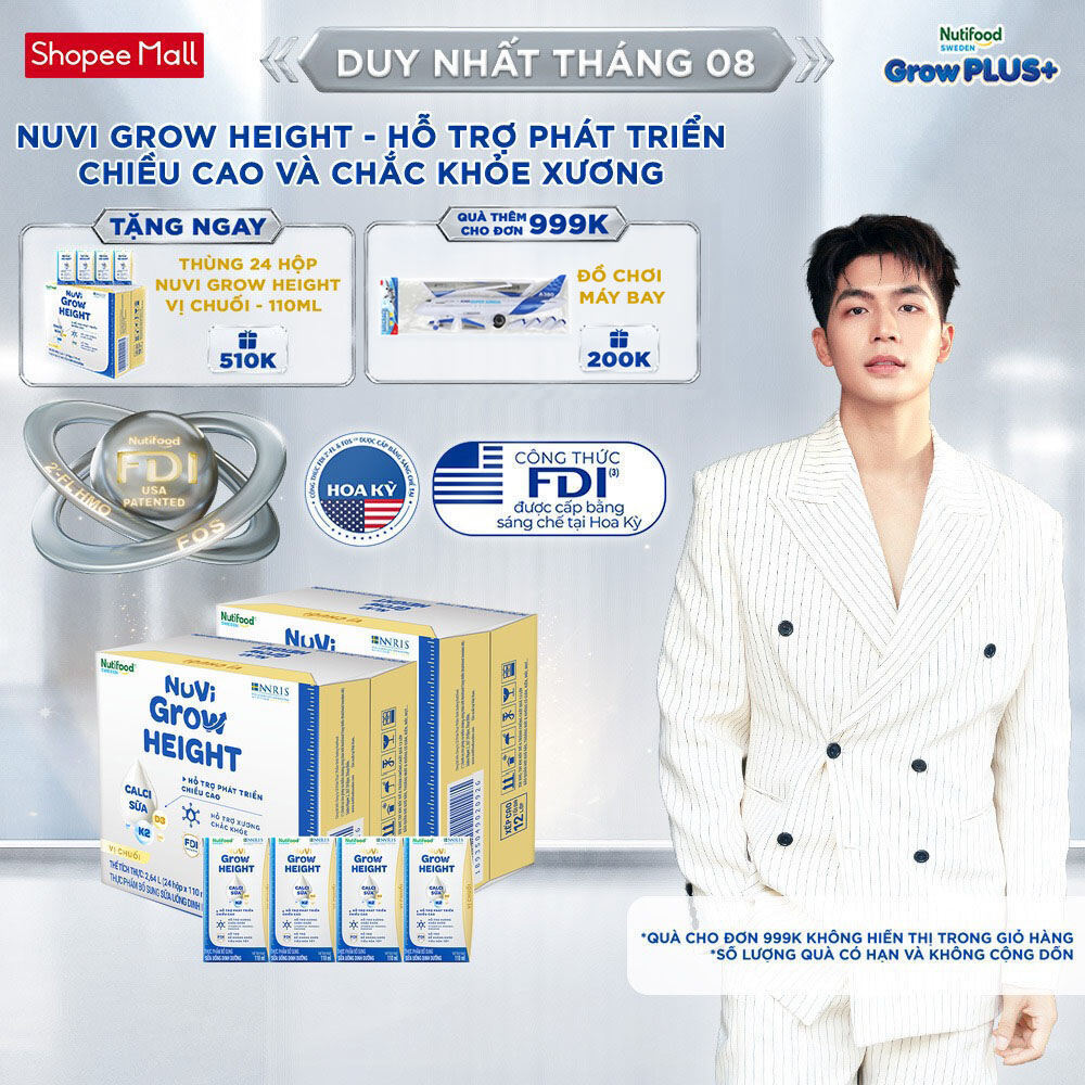 Combo 2 Thùng 24 hộp SBPS Nuvi Grow Height vị chuối 1+ hỗ trợ phát triển chiều cao hộp 110ml