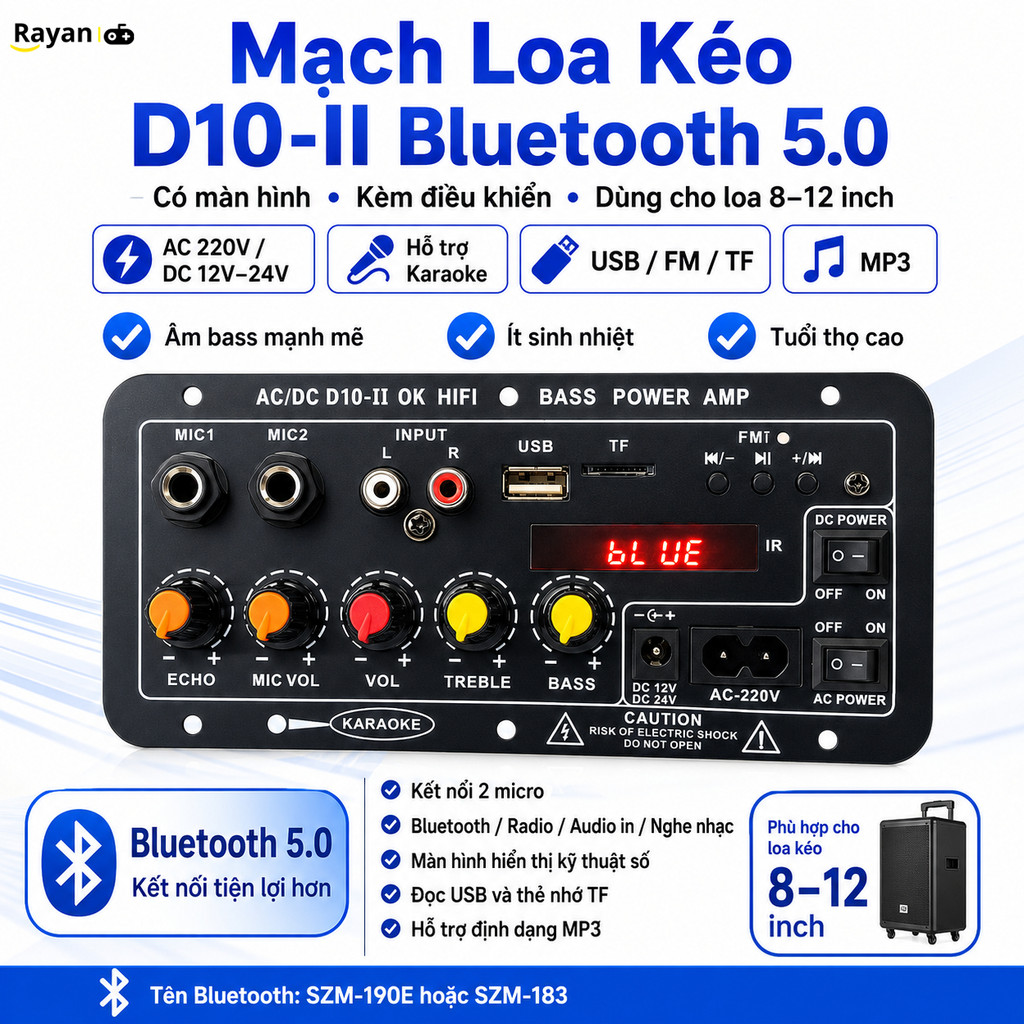 Mạch Loa Kéo D10-II Bluetooth 5.0 Có Màn Hình Kèm Điều Khiển Cho Loa 8-12 Inch Dùng Điện AC 220V/DC 