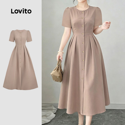 Đầm nữ Lovito kaki xuân hè nút thanh lịch L190ED434