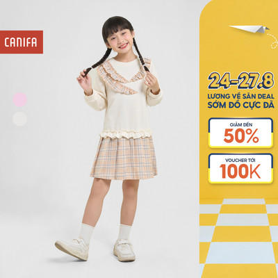 Váy liền bé gái CANIFA họa tiết bèo nhún cổ tròn dài tay xếp li 1DS25C014