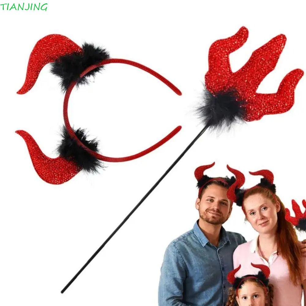 TIANJING Halloween Devil Trang Phục Bộ, Tóc Hoop Devil Red Cane Dress Up Kit, Ngộ nghĩnh Bull còi Tr