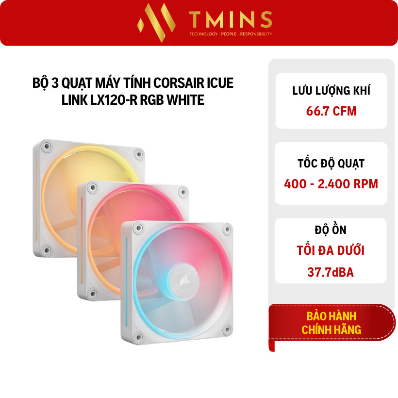 Bộ 3 quạt máy tính Corsair iCUE LINK LX120-R RGB White (CO-9051054-WW) - Hàng chính hãng