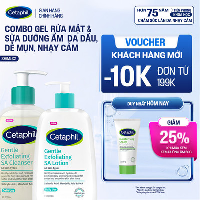 Combo Gel rửa mặt làm sạch dầu nhờn, ngăn mụn và Sữa dưỡng ẩm tẩy tế bào chết dịu nhẹ cho da dầu, mụn, nhạy cảm SA 236ml