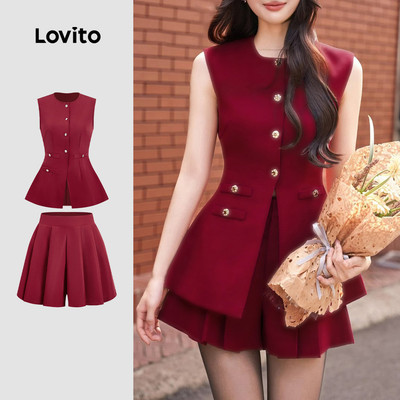 Áo/ Quần nữ Lovito thanh lịch đỏ rượu xuân hè xếp ly tiệc Giáng sinh phong cách L165ED584