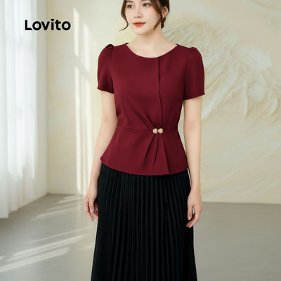 Lovito thanh lịch Áo sơ mi nữ vải kaki xếp ly phong cách xuân hè L165ED017