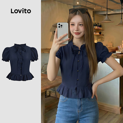 Áo kiểu nữ Lovito Phong cách thường ngày xanh dương xuân hè nút viền nhún bèo Preppy L185AD111