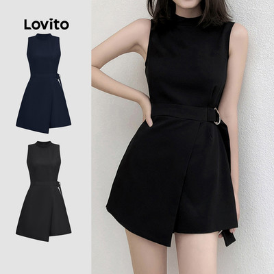 Áo liền quần nữ Lovito thanh lịch đen xuân hè khoá kim loại bất đối xứng màu trơn phong cách L135A2D274