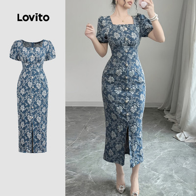 Đầm Lovito thanh lịch phong cách kiểu Pháp đính ngọc trai mùa xuân/hè màu xanh dương cho nữ L150AD1621