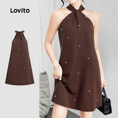 Lovito thanh lịch Váy Đính Ngọc Trai Xếp Ly Mùa Xuân/Hè Màu Nâu Cho Nữ LK3ED1790