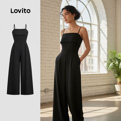 Lovito thanh lịch Bộ đồng phục liền thân giả 2 trong 1 cao cấp màu đen dành cho nữ mùa Xuân/Hè L150ED033
