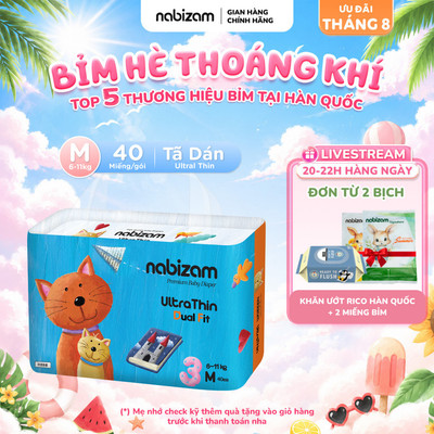 [TÃ DÁN] Tã/Bỉm Dán NABIZAM UltraThin Nội Địa Hàn Cao Cấp, Mỏng và Thấm Hút Tối Ưu Size M Cho Bé 6-11kg, 40 Miếng/Bịch