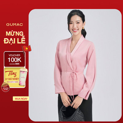 Áo Sơ Mi Nữ GUMAC Chất Lụa Kiểu Đắp Chéo Tay Dài Thắt Eo Form Suông Thời Trang AE07066