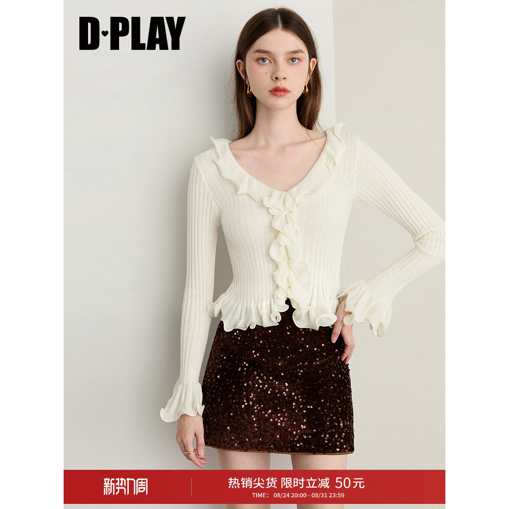 DPLAY2026 Mùa Thu Trắng Dệt Kim Nữ Xù Dệt Kim Cardigan Mỏng Áo Top Áo
