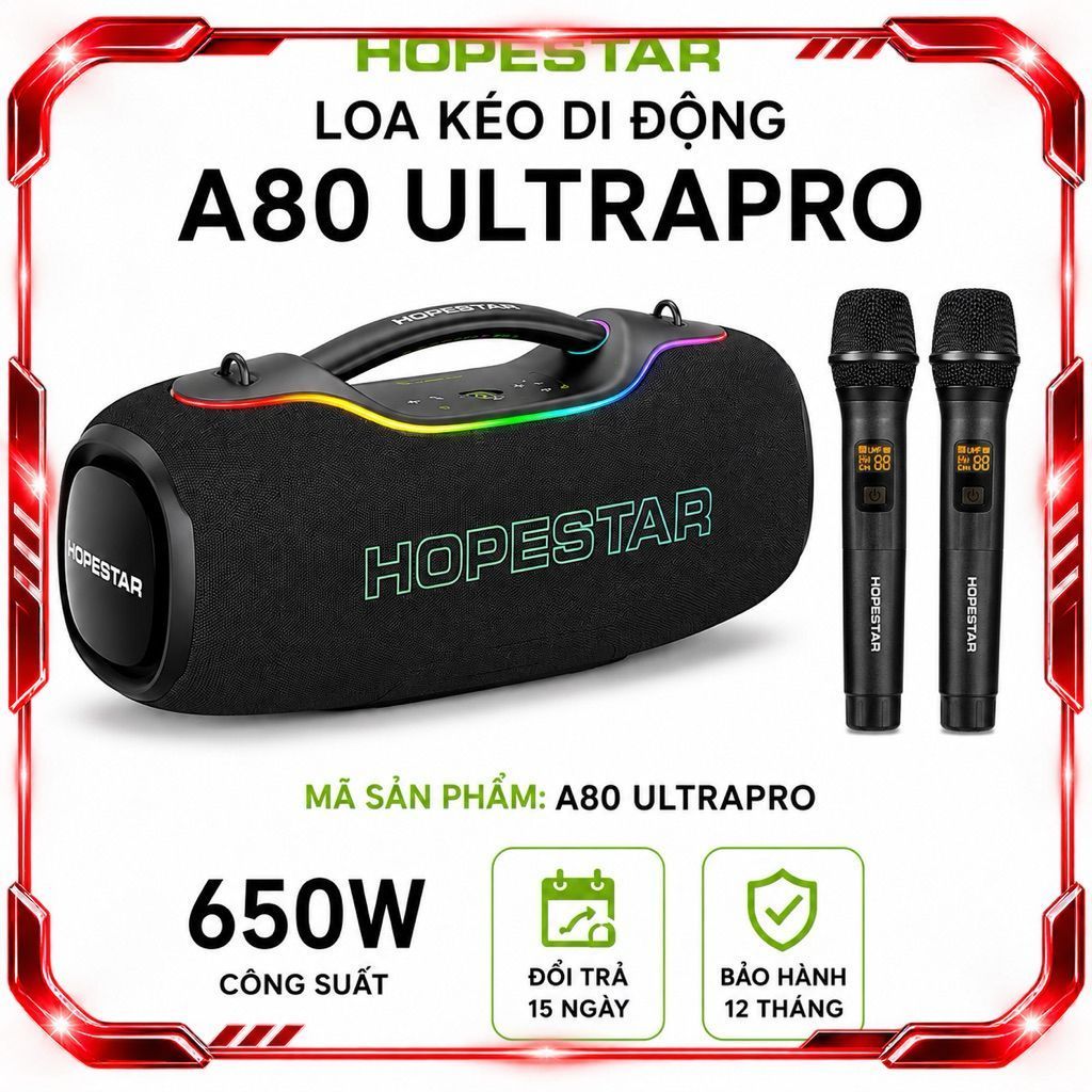 Loa Karaoke Bluetooth Hopestar A80 Ultra Pro 650W PMPO Kèm 2 Micro Không Dây, Bluetooth 5.4, Pin 400
