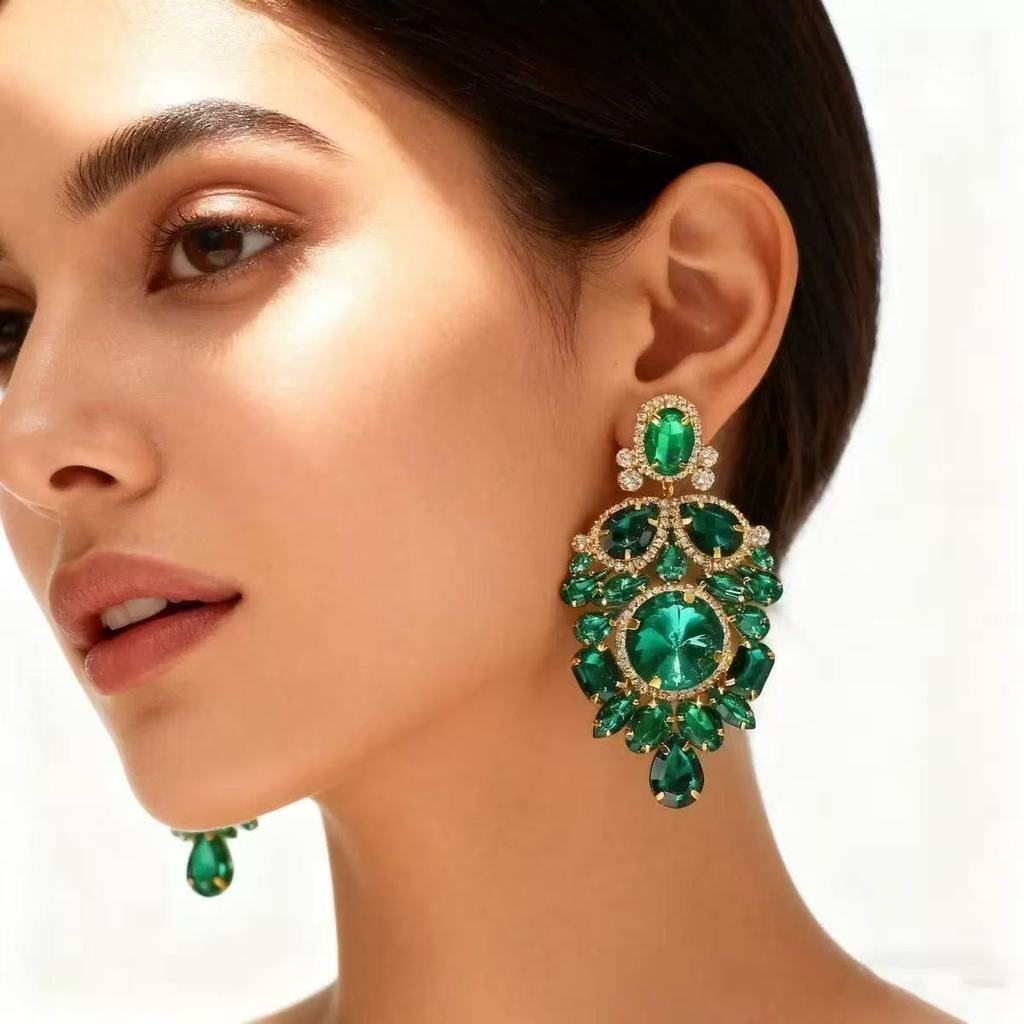 Thời Trang Retro Xanh Kim Cương Giả Ánh Sáng Sang Trọng Cao Cấp Mặt Dây Chuyền Bông Tai Phong Cách B
