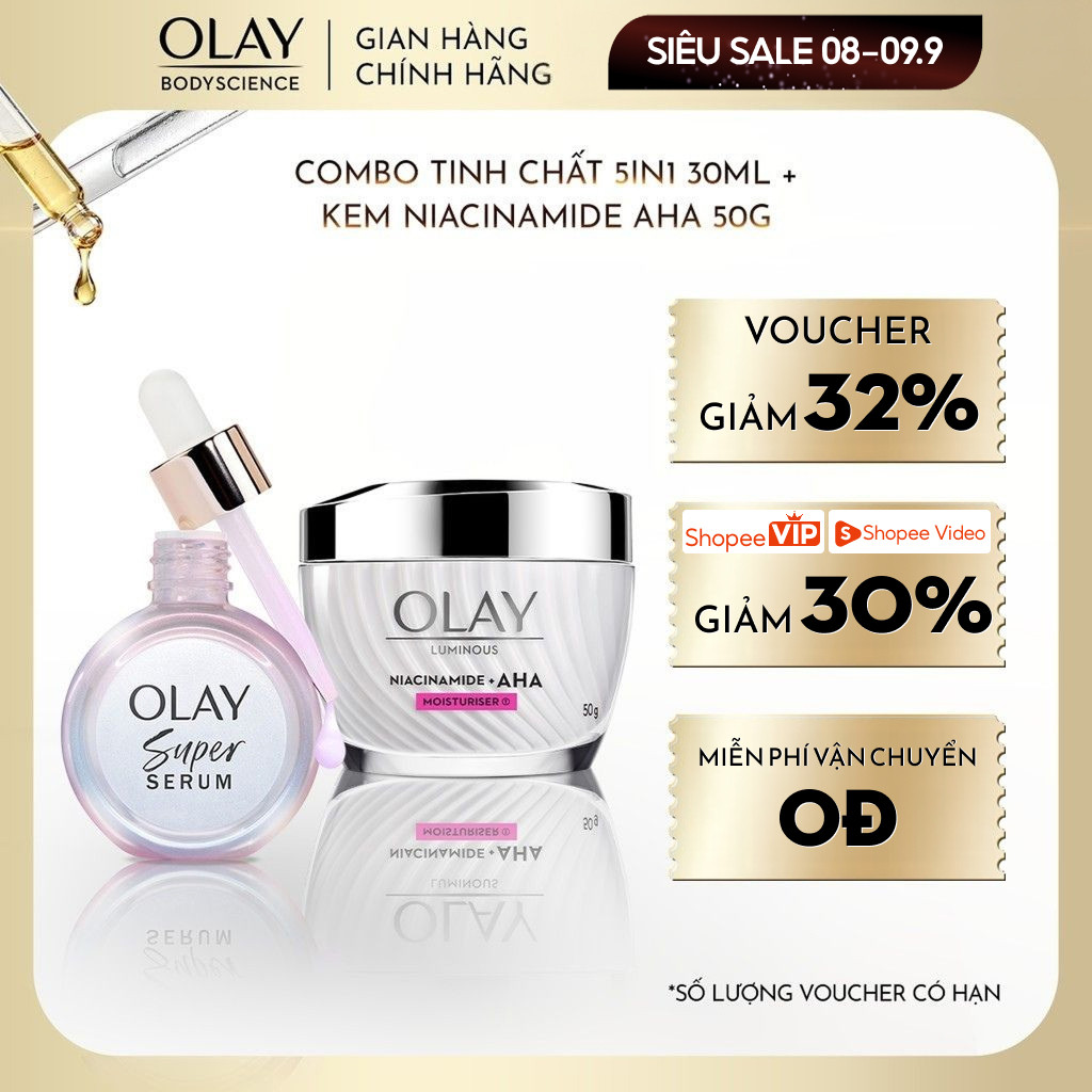 Combo Super Serum OLAY 5IN1 Chai 30ml + Kem Dưỡng Sáng Da OLAY Luminous Niacinamide Kết Hợp AHA 50G