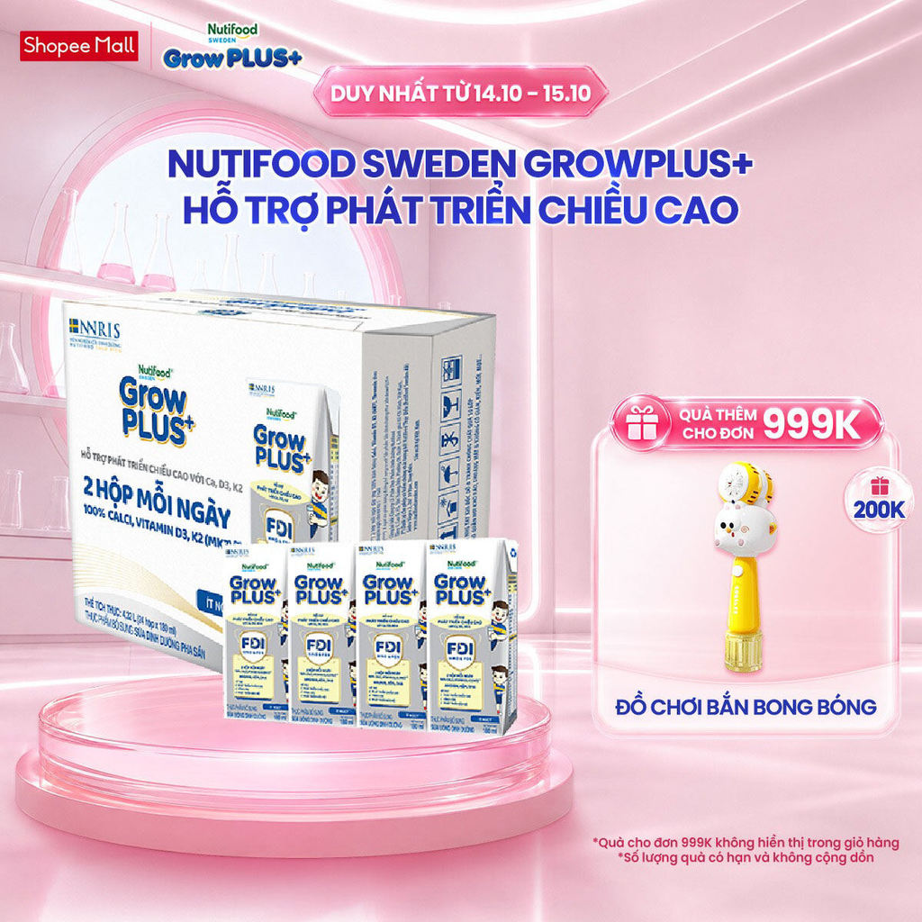 Thùng 24 hộp Sữa Bột Pha Sẵn Nutifood Sweden GrowPLUS+ Cao lớn vượt trội 24 hộp 180 ml