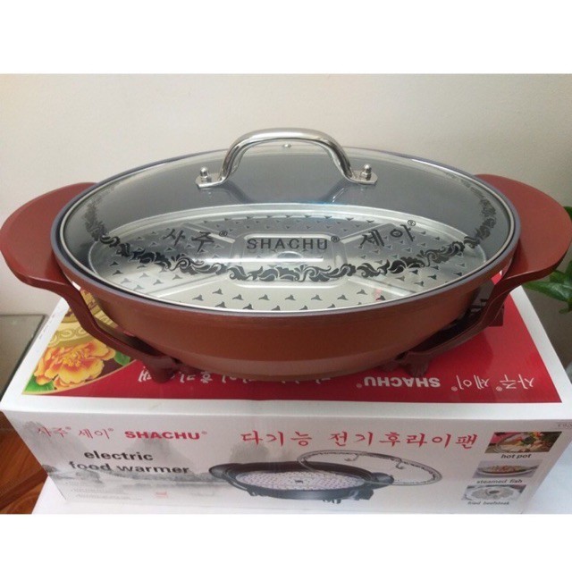 Chảo Lẩu Điện Đa Năng Shachu  bầu dục va vuông Có Vỉ Hấp. Tặng Kèm Dây Nguồn , Bảo Hành 12 Tháng
