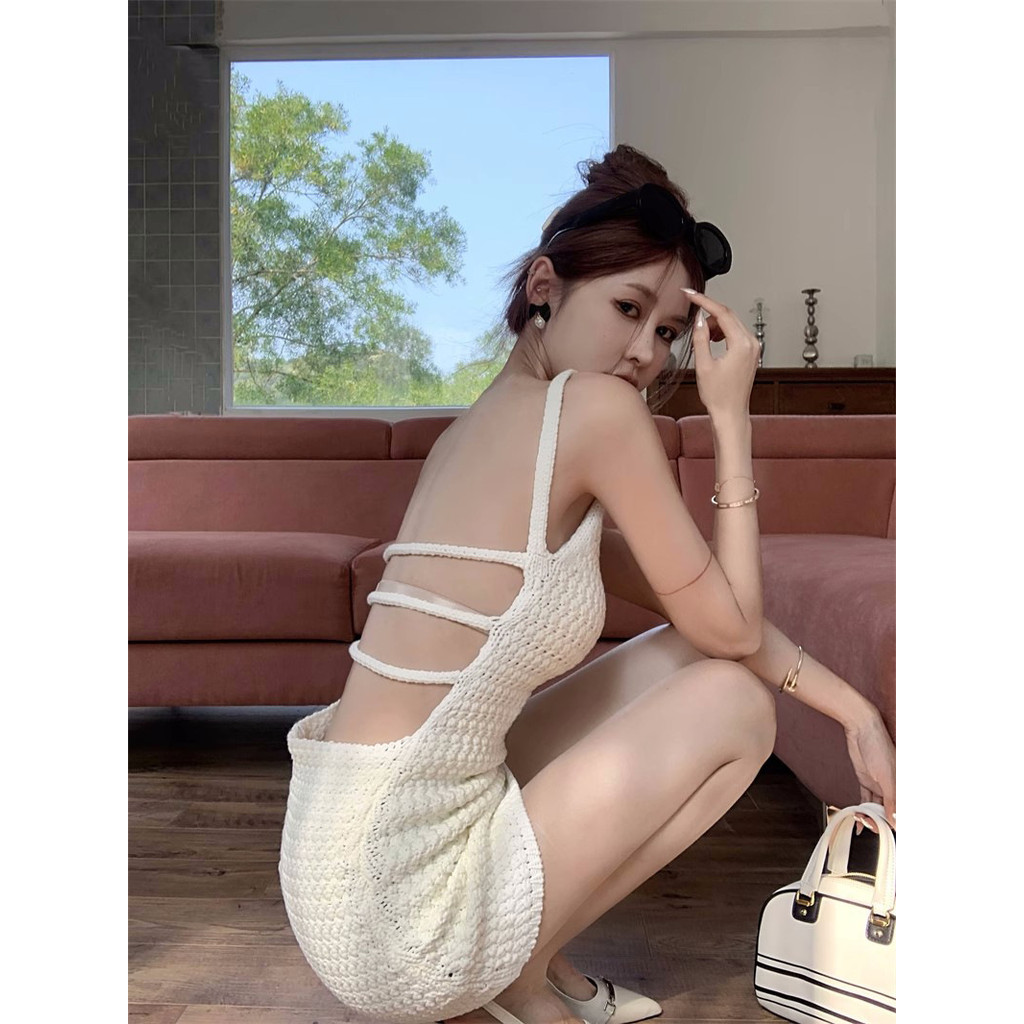 Đầm camisole trắng đan len cho nữ, đầm bodycon mùa hè, đầm ngắn
