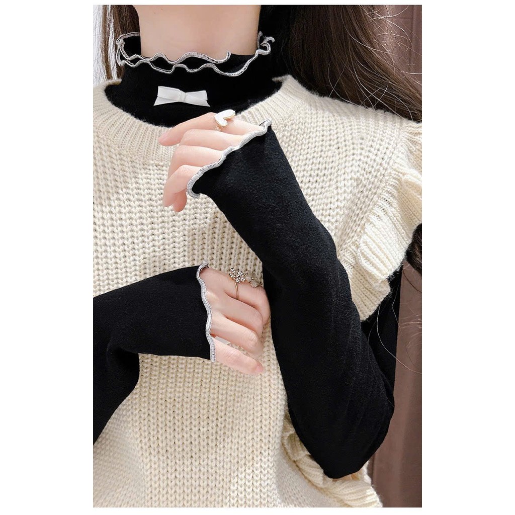 (Hàng QC) Áo Giữ Nhiệt Lông Thỏ Cổ Cao Hai Lớp Nhún Bèo Đính Nơ Xinh Xắn T105 - T2 Fashion | BigBuy360 - bigbuy360.vn