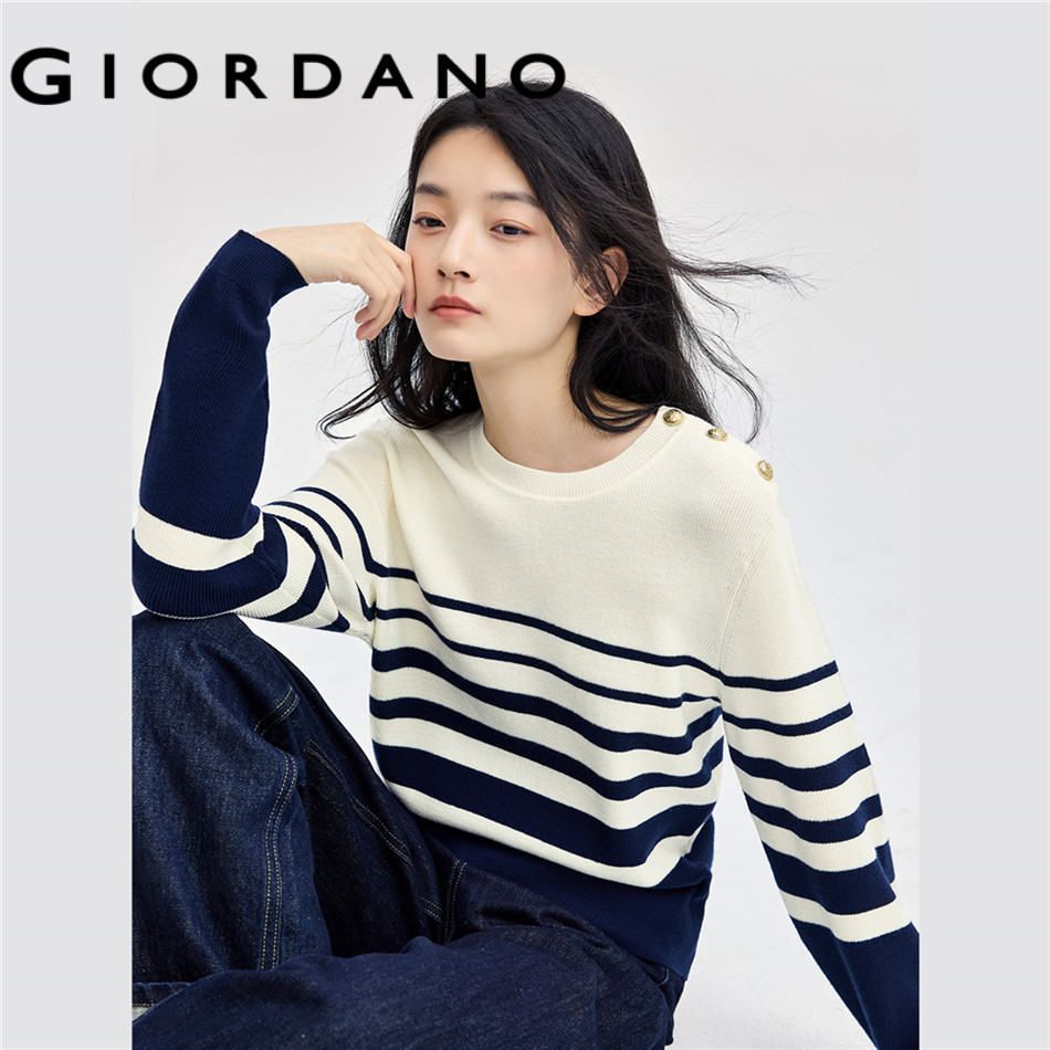 GIORDANO WOMEN Buttons shoulder crewneck stripe sweater 18354918
