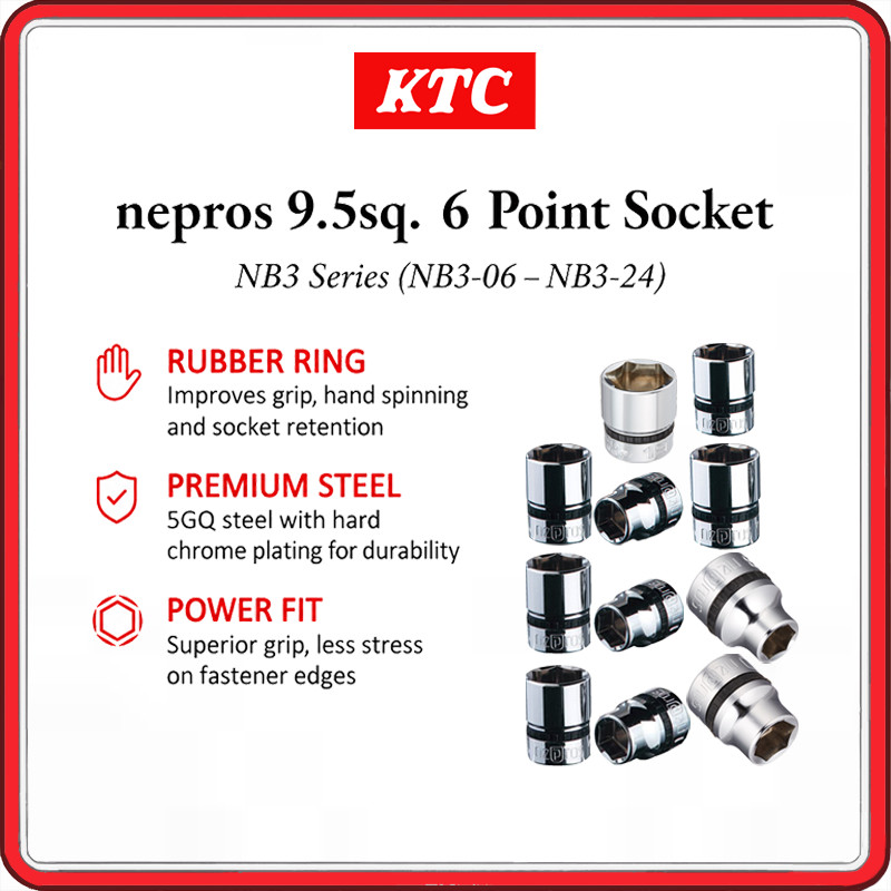 KTC Nepros 3/8" Drive 6-Point Socket NB3 Series (6mm-24mm) Metric Chrome Hand Tool