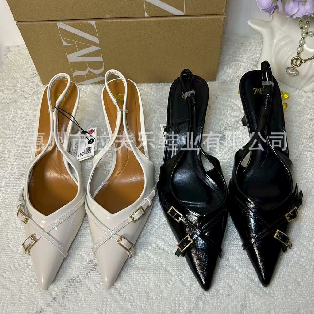 ZDSO ZARA Spring new style pointed toe shallow back strap women's shoes, black buckle stiletto heel 