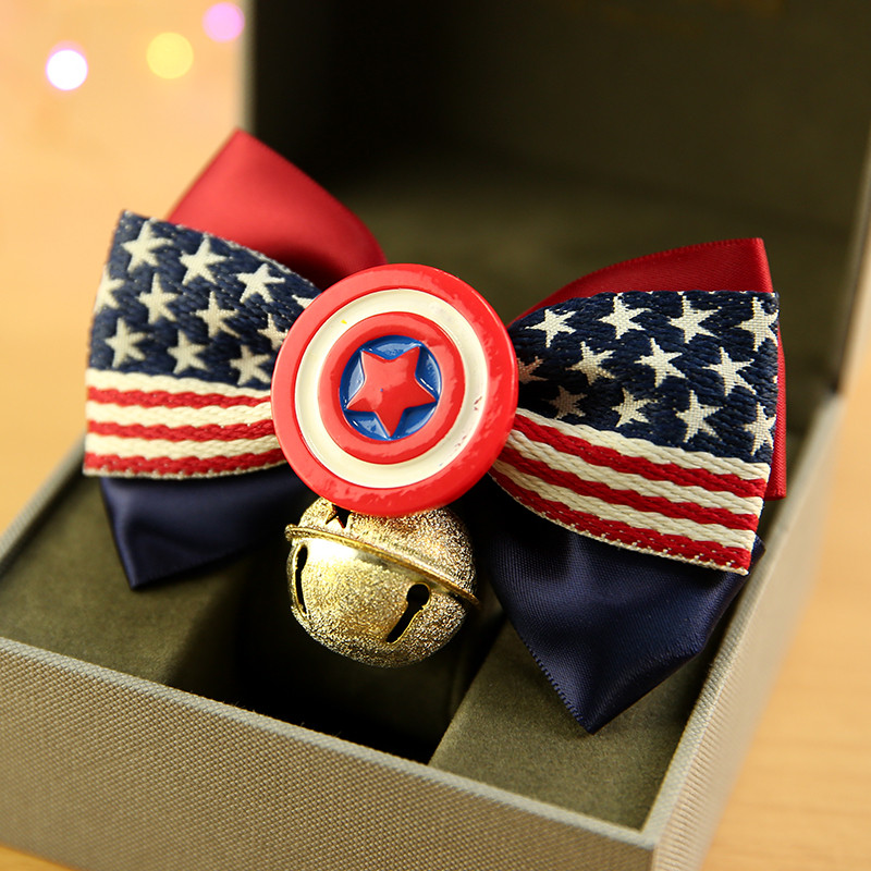 Chen Pi 's House Captain America Thú Cưng Handmade Nơ Dây Buộc Chó Nơ Mèo Chuông Trang Sức Bông Vàng