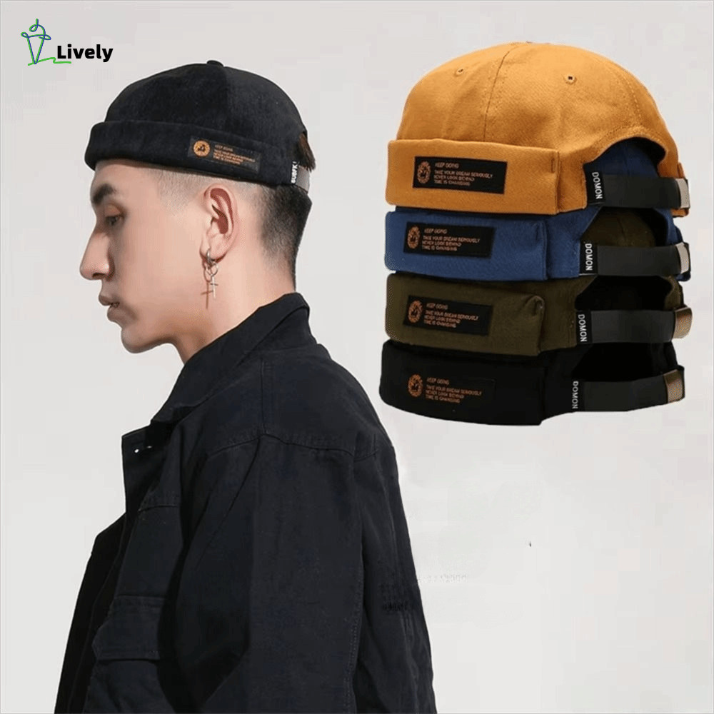 LIVELY Beanie Street Hat, Mũ Docker không vành Hip Hop có thể điều chỉnh, Thời trang Retro Chữ Cotto