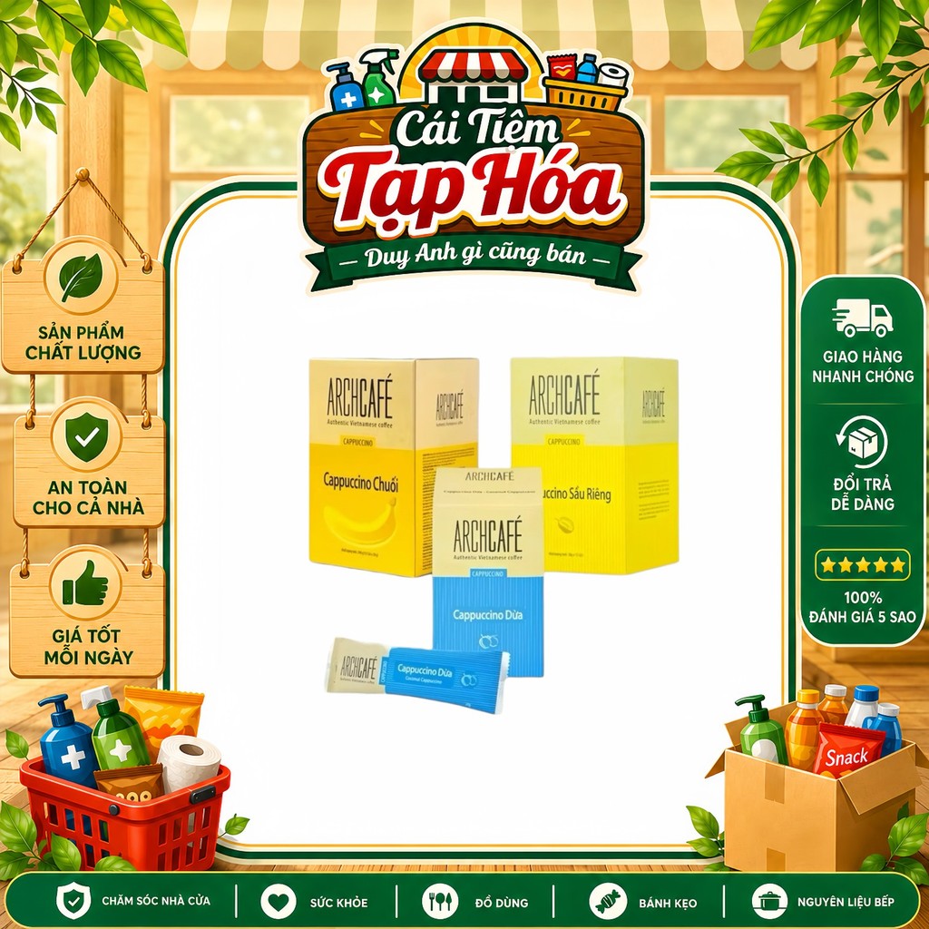 Hộp 12 gói - Capuchino Vị Trái Cây ArchCafe - Vị Chuối / Sầu Riêng / Dừa - Cà Phê Trái Cây Ngọt Ngào