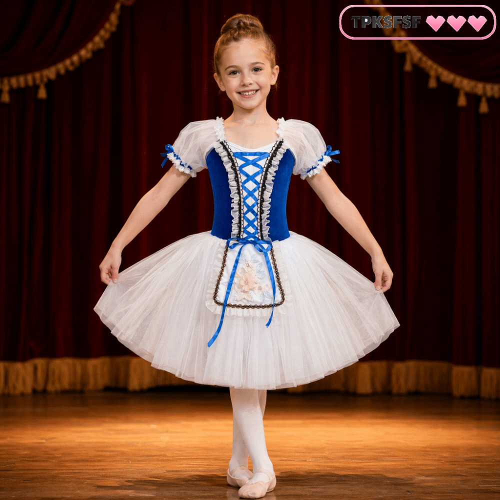 TPKSF98 Trẻ Em Giselle Ballet Tutu Dress, Nhung Puff Tay Ba Lê Khiêu Vũ Leotard, Cổ Điển Ruy Băng Dà