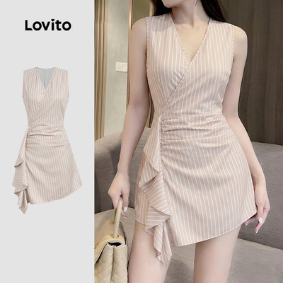Lovito Đầm Khaki Mùa Xuân/Hè Thanh Lịch Thiết Kế Bất Đối Xứng Viền Tua Rua Chất Liệu Kết Cấu LK6ED524