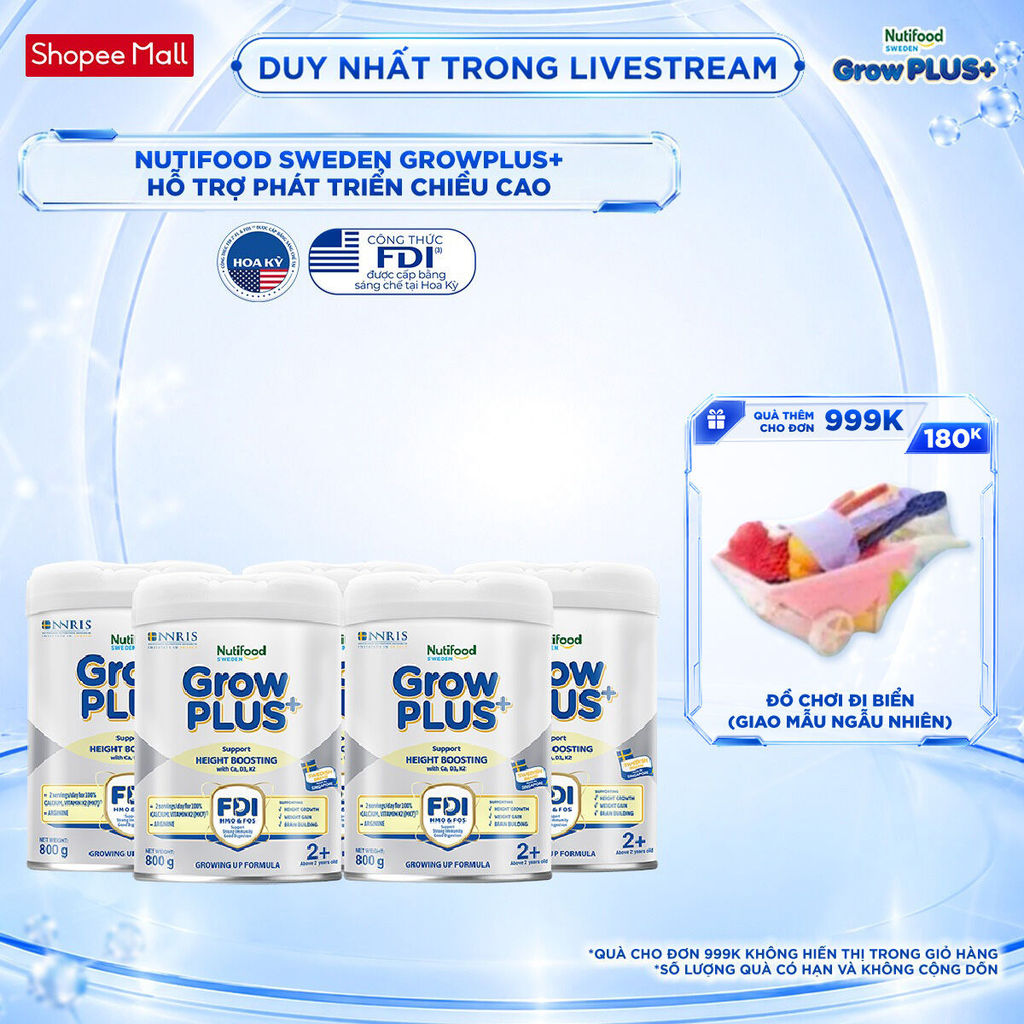 Combo 5 Sữa Bột Nutifood Sweden GrowPLUS+ Cao lớn vượt trội trên 2 tuổi (Bạc) 800g