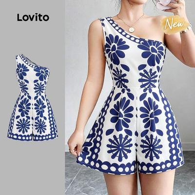 (New Arrival) Lovito Áo liền quần Boho bất đối xứng hoa lệch vai mùa xuân/hè cho nữ JRB199P2D426