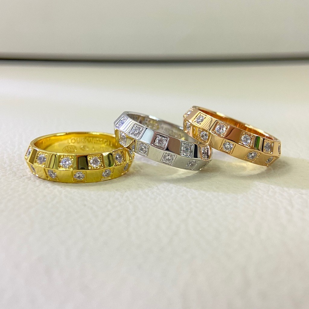 Diamond-encrusted checkerboard ring, diamond-shaped ring for women, plated18k Gold checkered double 