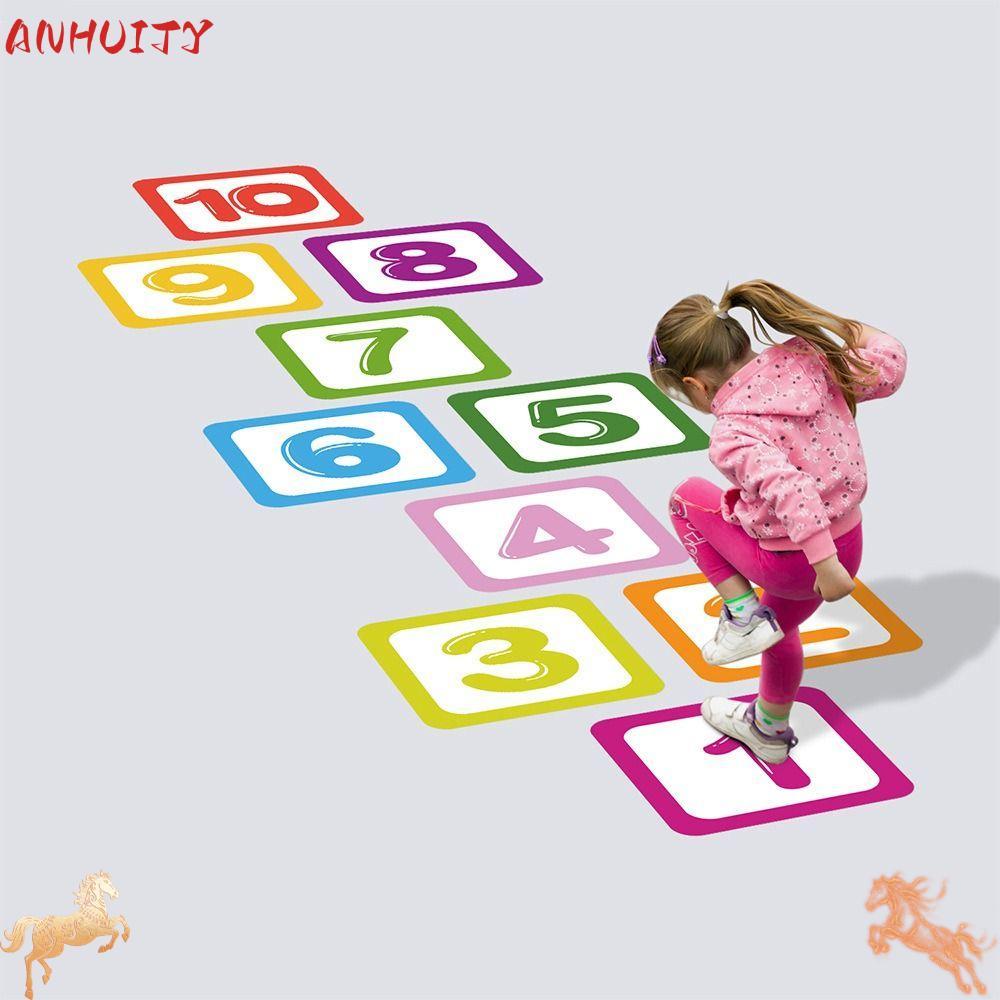 ANHUITYJ Miếng dán sàn Hopscotch, Đề can trò chơi số lưới nhiều màu dành cho cha mẹ và con cái, Đề c