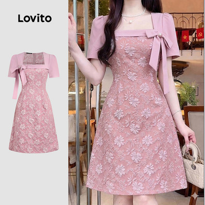 (New Arrival) Lovito Đầm Midi Dáng Chữ a Màu Hồng Cổ Vuông Chất Liệu Jacquard Đường May Xếp Ly Điểm Nhấn Nơ Thích Hợp Mặc Hàng Ngày Vào Mùa Xuân/hè Cho Nữ LR41E037