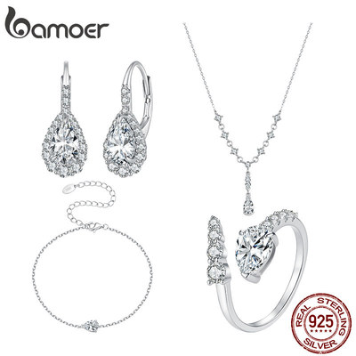 Bông tai bạc Bamoer 925 quả lê cắt Moissanite Trang sức thời trang Quà tặng cho nữ