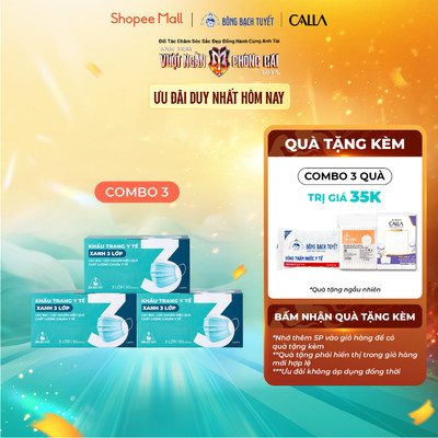 Combo 3 Hộp Khẩu trang Bông Bạch Tuyết 3 lớp xanh (50 cái/hộp)