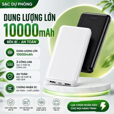 Pin Sạc Dự Phòng 10000mAh Dung Lượng Lớn Chứng Nhận 3C Sạc Đồng Thời 2 Thiết Bị Nhỏ Gọn Tiện Lợi