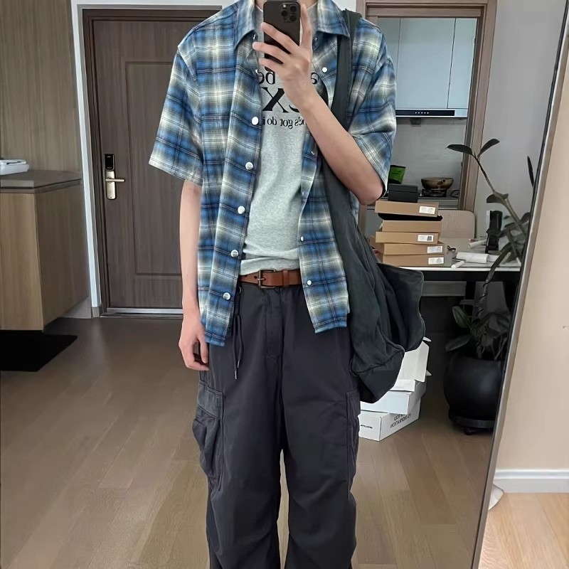 Vintage Mỹ Kẻ Sọc Xanh Áo Sơ Mi Tay Ngắn Nam Mùa Hè Cao Cấp Flannel Kẻ Sọc Áo Sơ Mi Áo Khoác