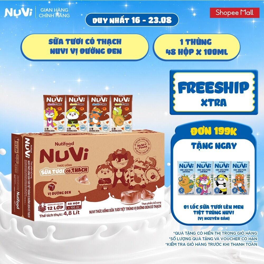 Thùng 48 Hộp Thức Uống Sữa Tươi Có Thạch NuVi Vị Đường Đen 100ml