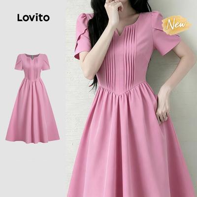 (New Arrival) Lovito Váy nữ màu xám hồng thanh lịch xếp ly tinh tế thoải mái và phong cách phù hợp mùa xuân/hè L199ED033