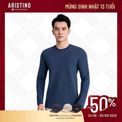 Áo thun T-Shirt dài tay Aristino Regular Fit cổ tròn logo thêu thiết kế trơn basic ALT012BS0
