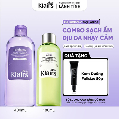 COMBO Dear Klairs Nước Tẩy trang Unscented Cleansing Water 400ml + Nước hoa hồng Cica Toner 180ml [FS]