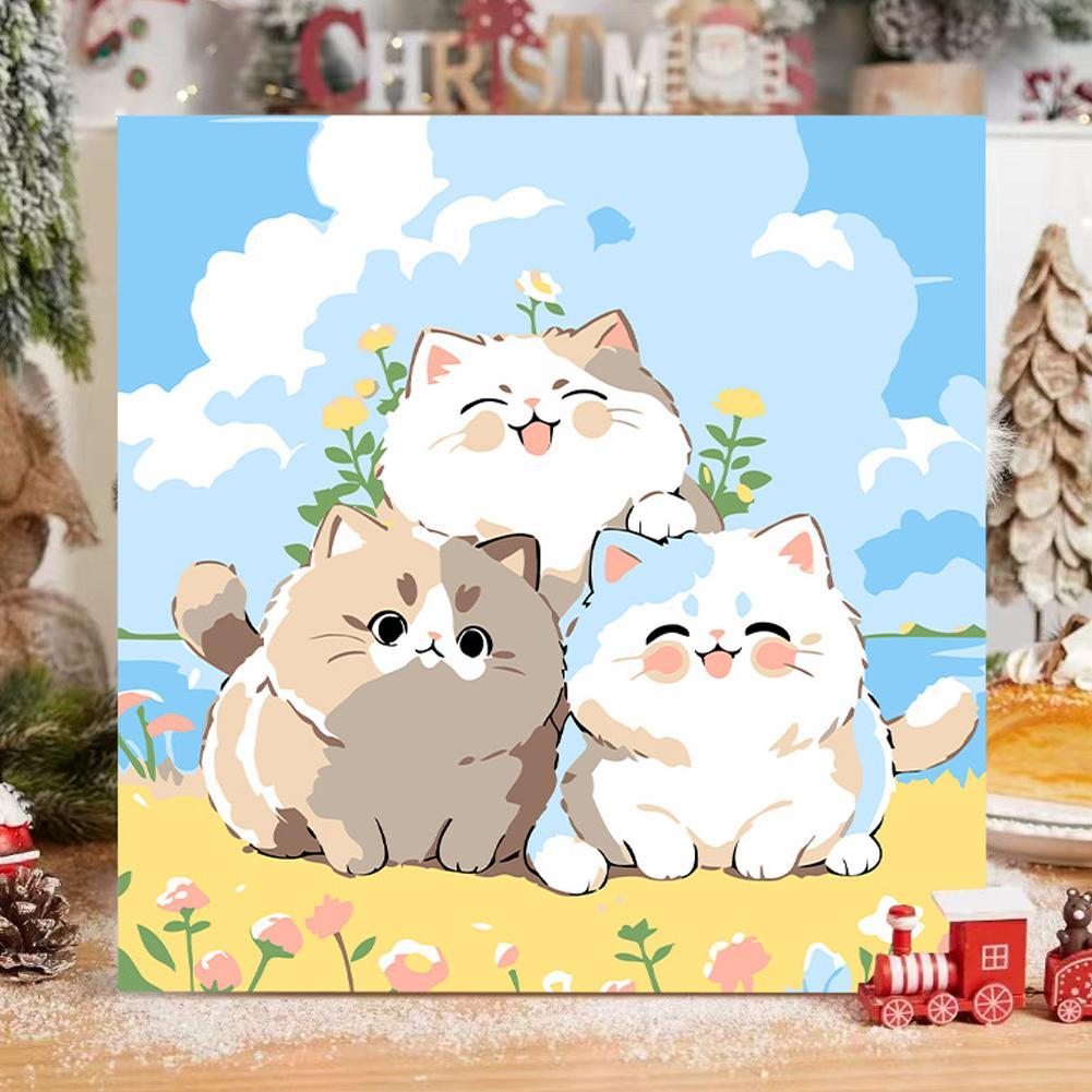 Kawaii Cat Paint By Numbers Diy Kit – Tranh Acrylic hoạt hình dễ thương 20cm, Thủ công nghệ thuật ch