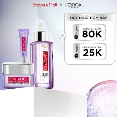 Bộ Serum Cấp Ẩm Sáng Da 30ml, 7.5ml và kem dưỡng 15ml siêu cấp ẩm giảm nếp nhăn L'Oreal Paris Revitalift Hyaluronic Acid